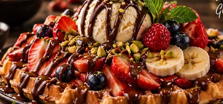 Waffel mit Eis und Früchten